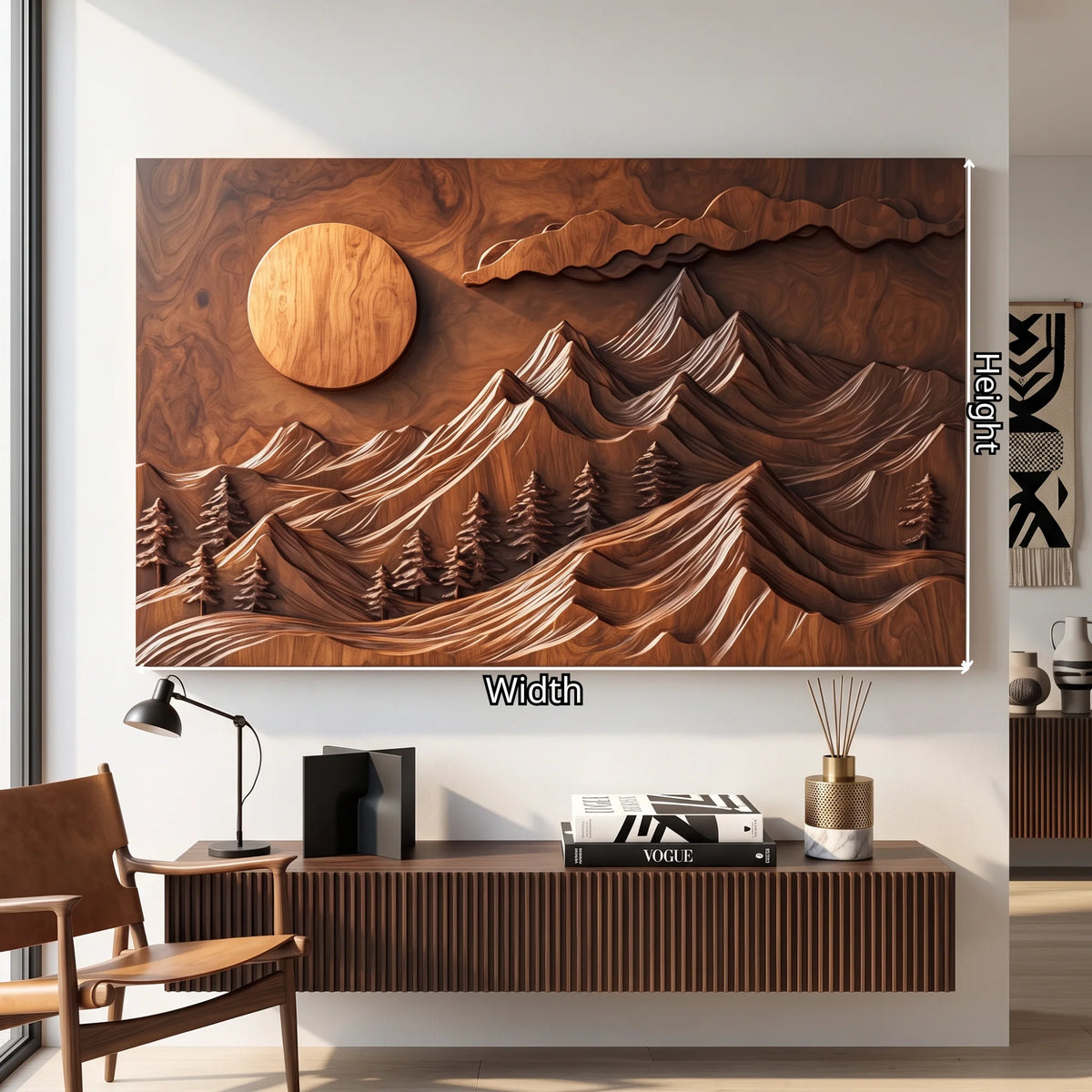 Mountain Forest Wall Sculpture with Rising Sun and Layered Peaks