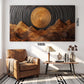 Wooden Wall Sculpture with Golden Sun and Flowing Mountain Ridges