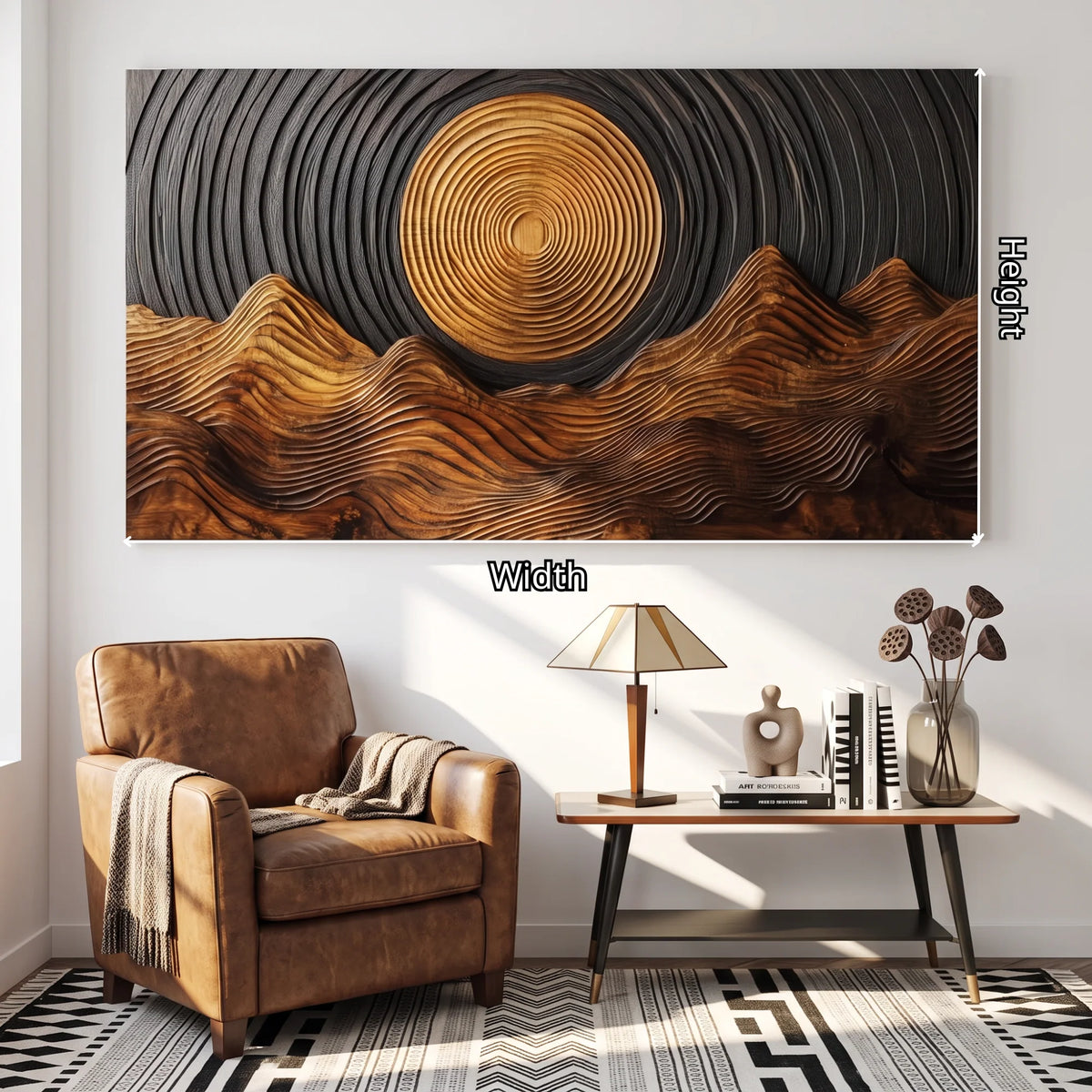 Wooden Wall Sculpture with Golden Sun and Flowing Mountain Ridges