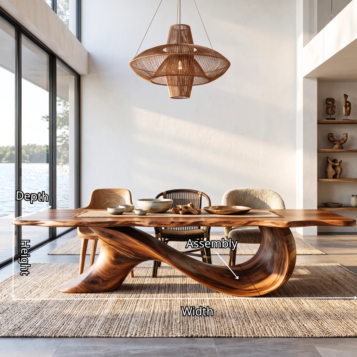 Organic Solid Wood Dining Table with Sculptural Wave Base