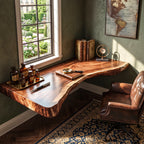 Floating Solid Wood Corner Desk with Curved Live Edge – Natural Slab Design for Modern Home Office