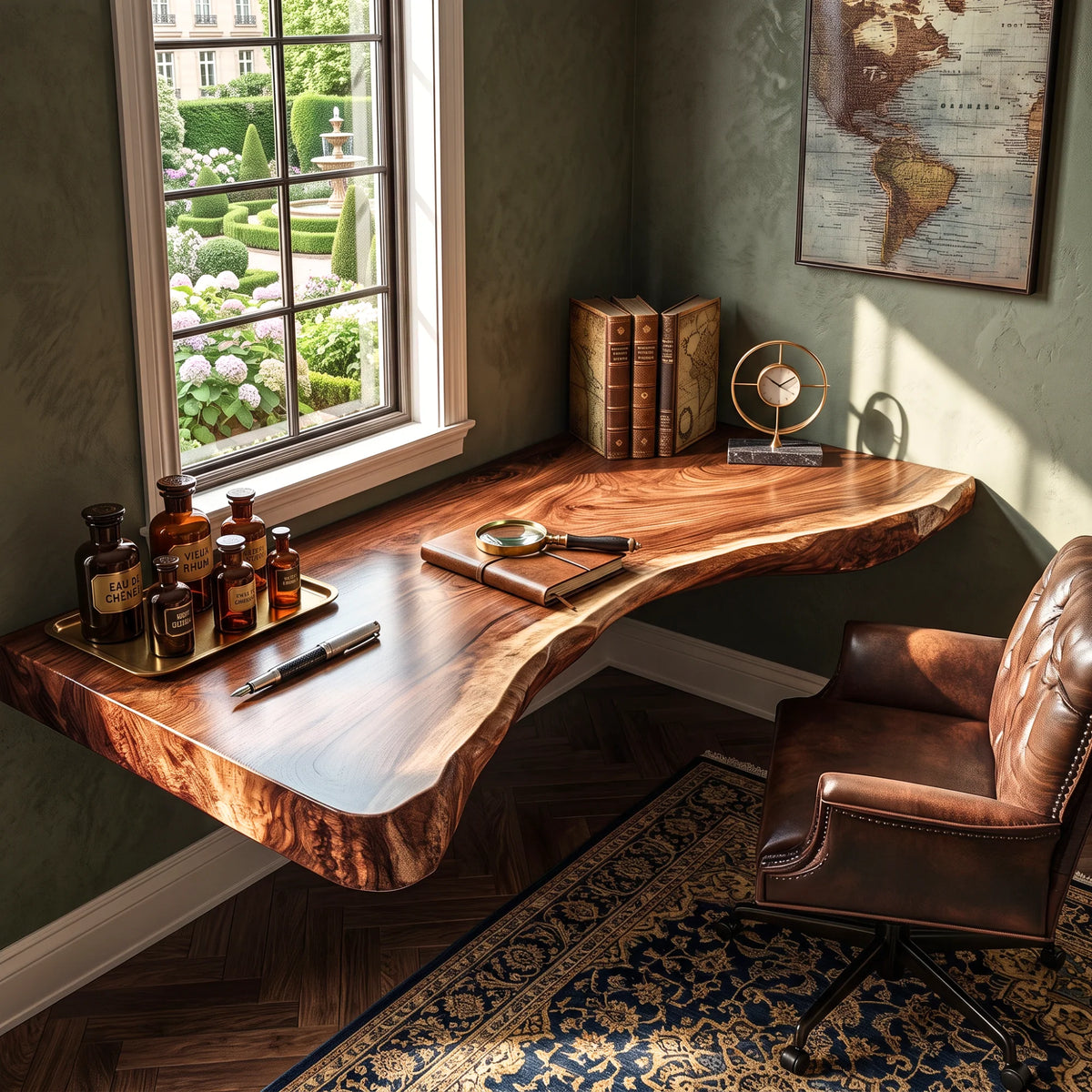 Floating Solid Wood Corner Desk with Curved Live Edge – Natural Slab Design for Modern Home Office
