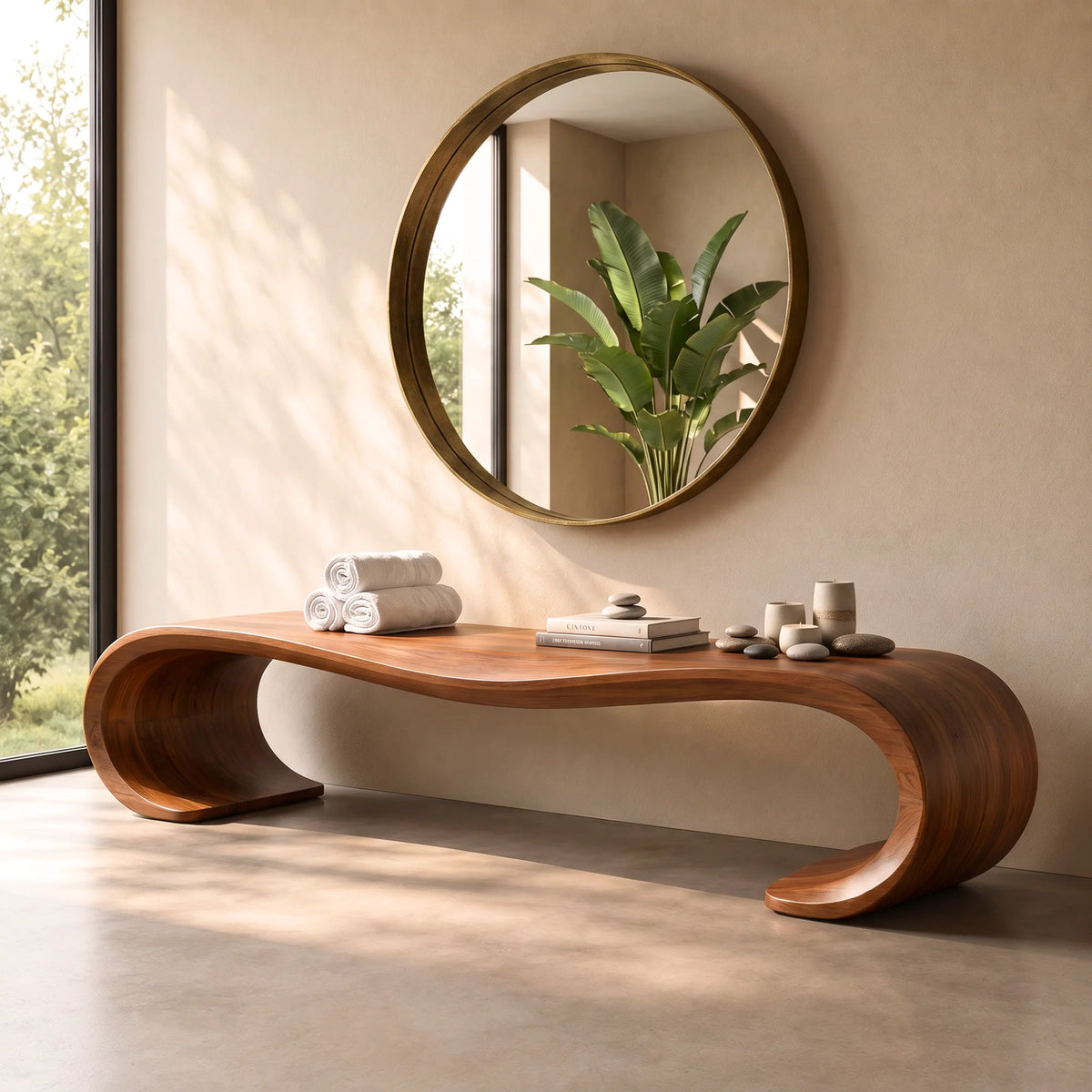Sculptural Solid Wood Entryway Bench with Waterfall Loop Base