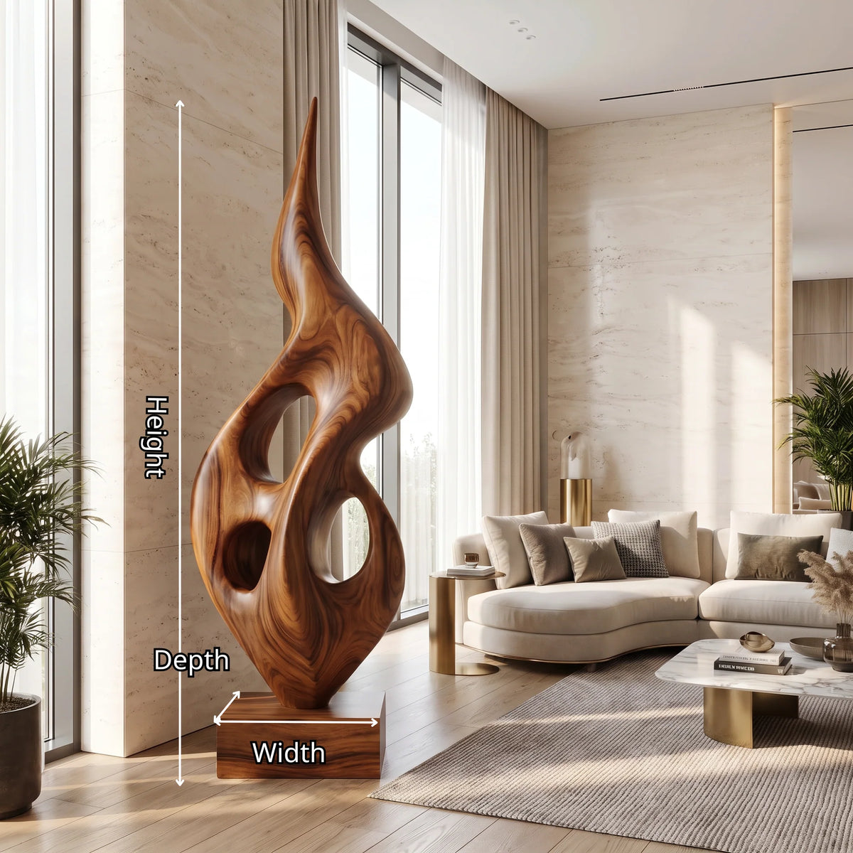 Tall Openwork Solid Wood Flame Sculpture with Plinth Base – Contemporary Statement Décor for Modern Living Rooms