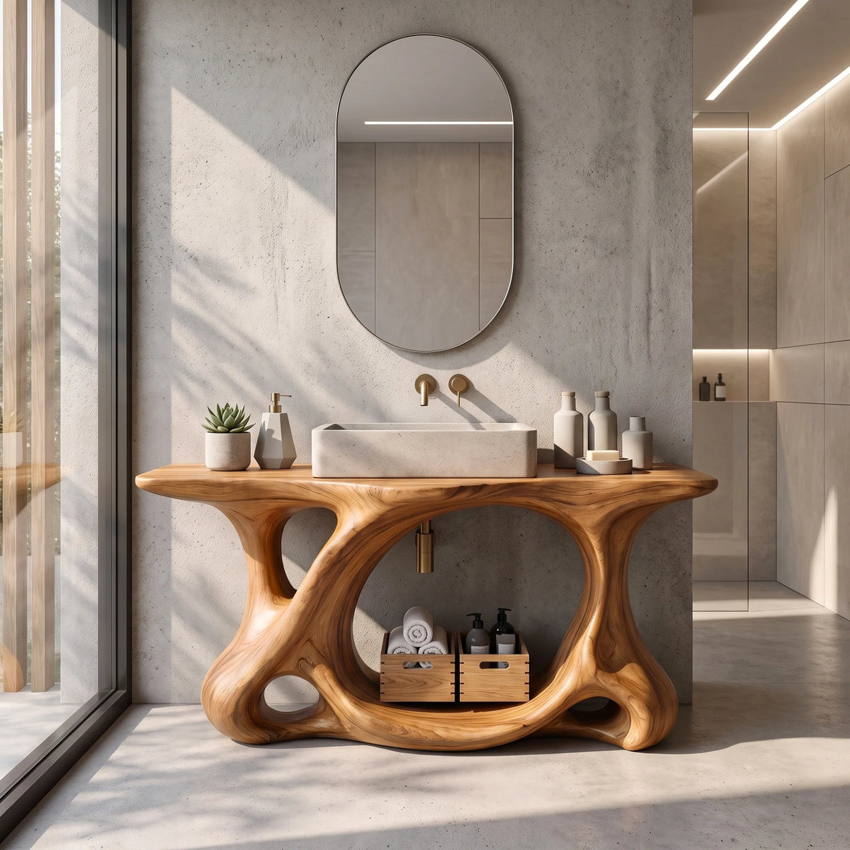 Solid Wood Bathroom Vanity with Sculptural Multi-Arch Base