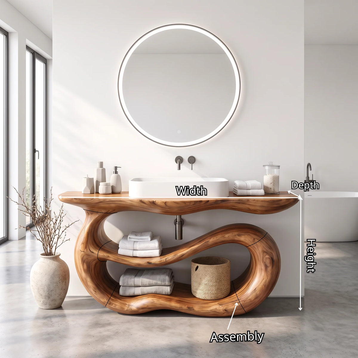 Solid Wood Bathroom Vanity with Sculptural Double-Loop Base and Open Shelf Storage
