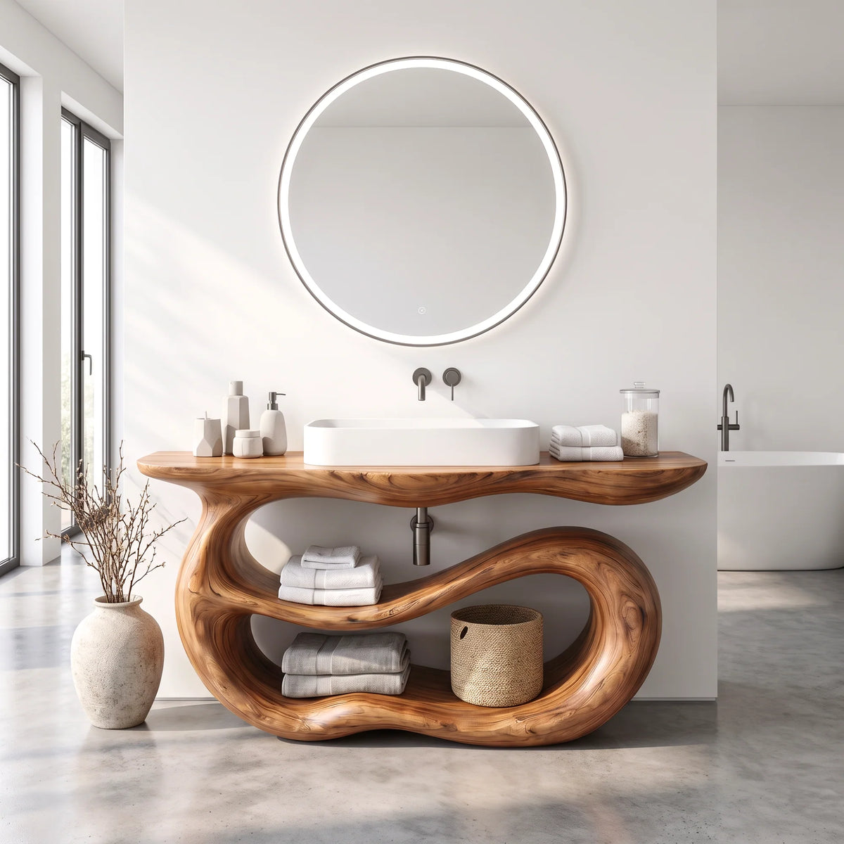 Solid Wood Bathroom Vanity with Sculptural Double-Loop Base and Open Shelf Storage
