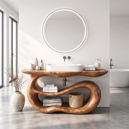 Solid Wood Bathroom Vanity with Sculptural Double-Loop Base and Open Shelf Storage