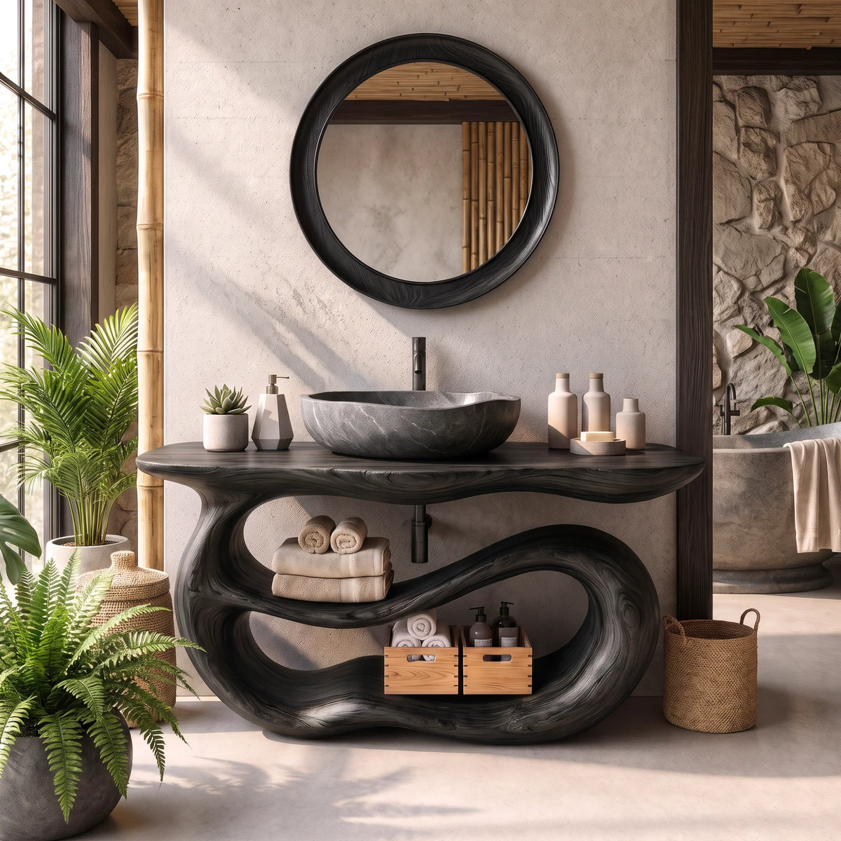 Solid Wood Bathroom Vanity with Sculptural Double-Loop Base and Open Shelf Storage