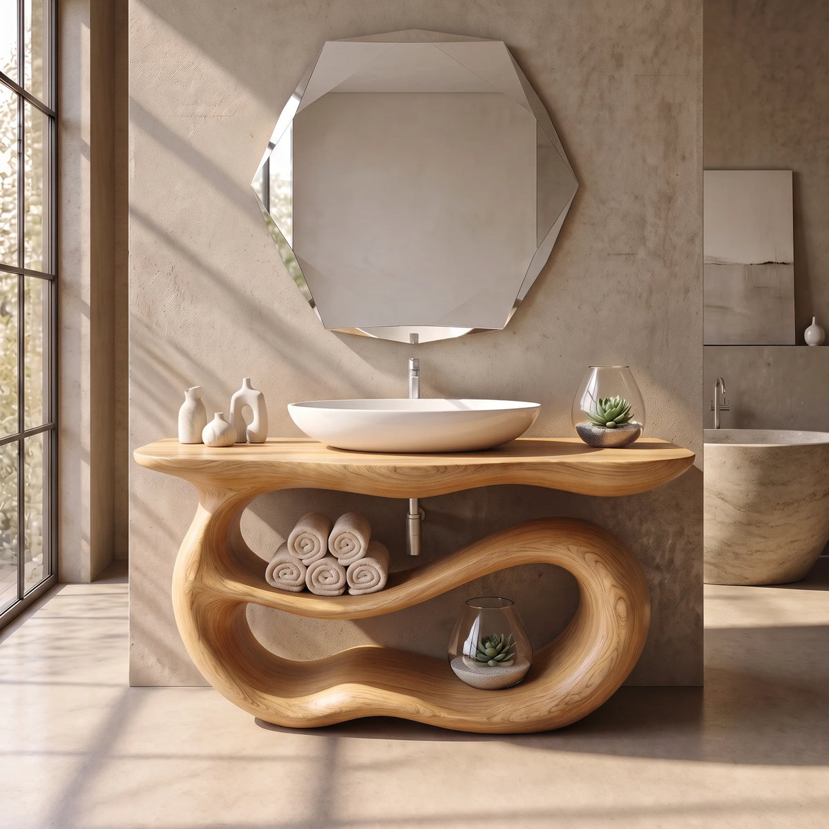 Solid Wood Bathroom Vanity with Sculptural Double-Loop Base and Open Shelf Storage