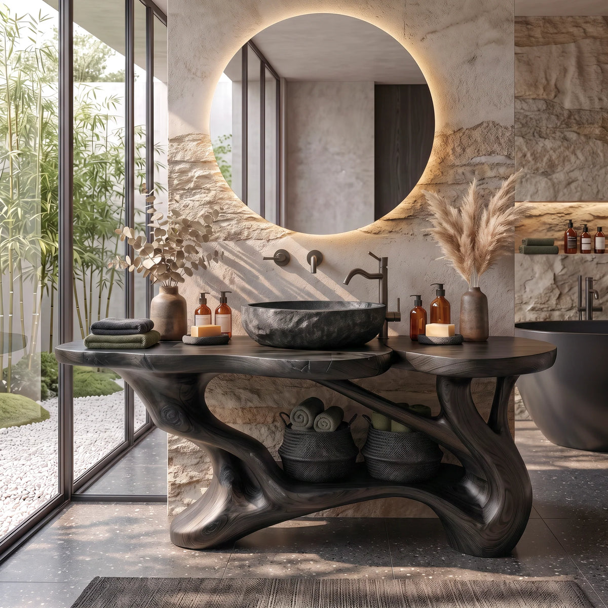 Solid Wood Bathroom Vanity with Sculptural Branch Frame and Open Shelf Storage