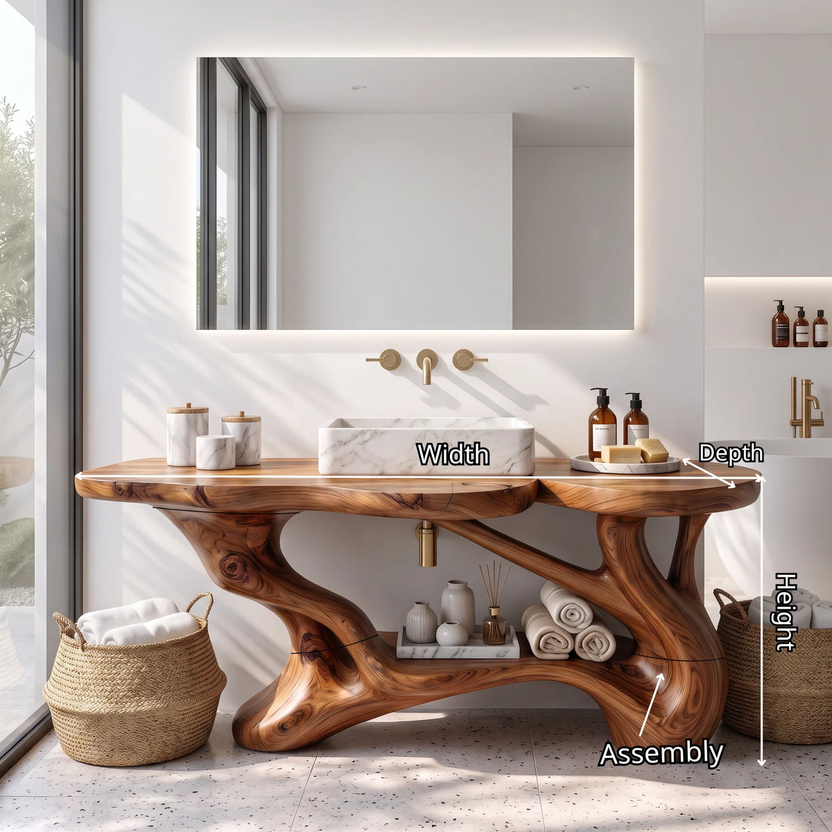 Solid Wood Bathroom Vanity with Sculptural Branch Frame and Open Shelf Storage