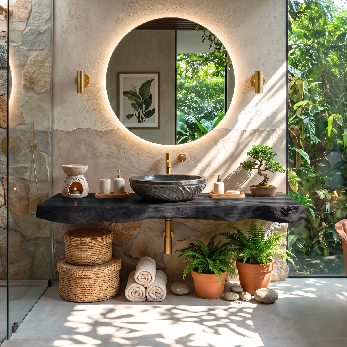 Solid Wood Floating Bathroom Vanity with Live Edge Countertop – Modern Organic Bathroom Cabinet