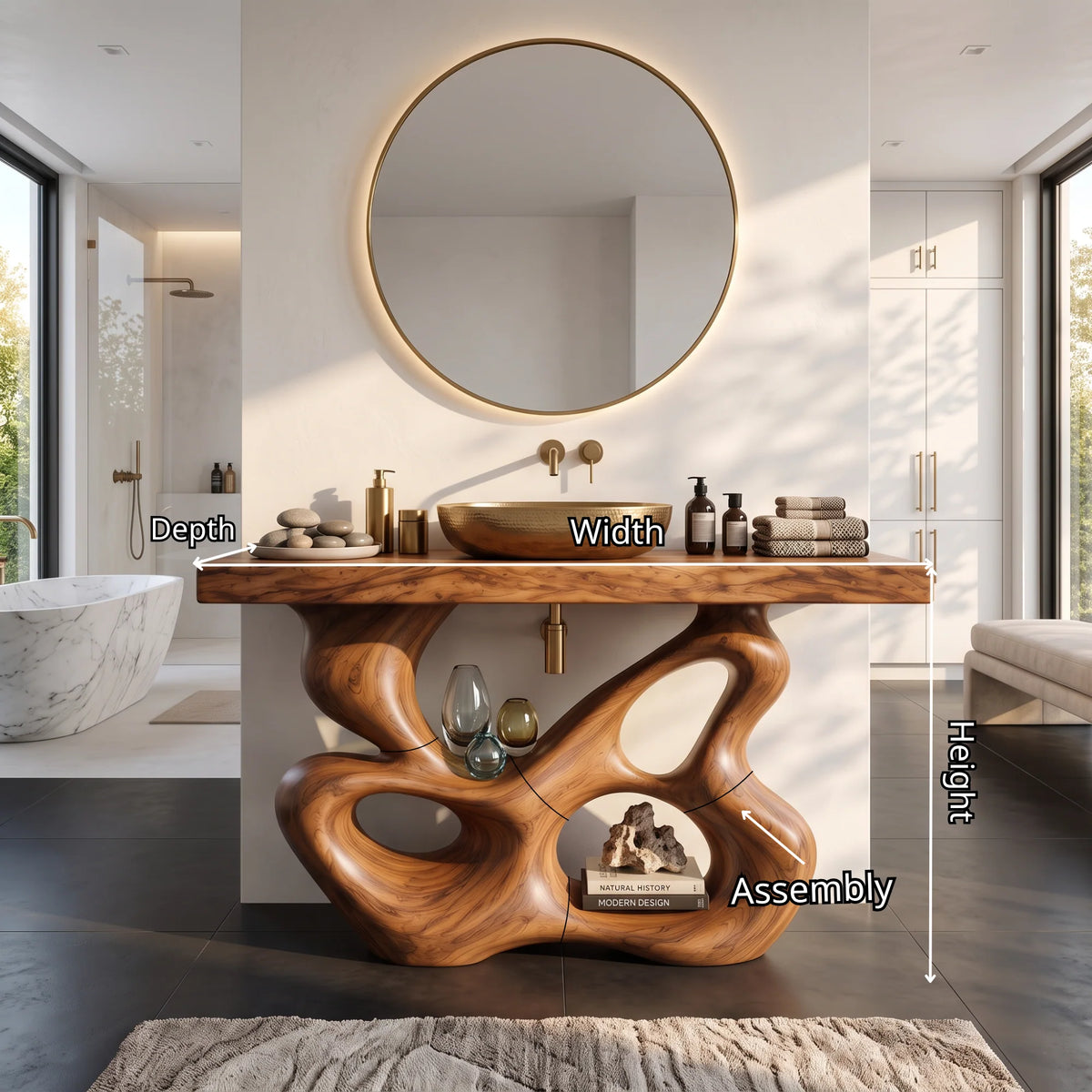 Solid Wood Bathroom Vanity with Sculptural Multi-Loop Base