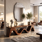 Bench Solid Wood with Sculptural Continuous Wave Base for Entryway Seating