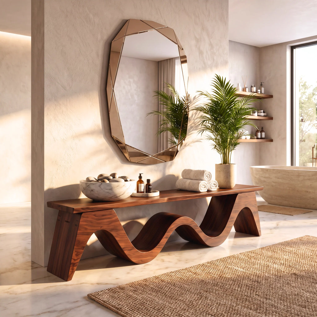 Bench Solid Wood with Sculptural Continuous Wave Base for Entryway Seating