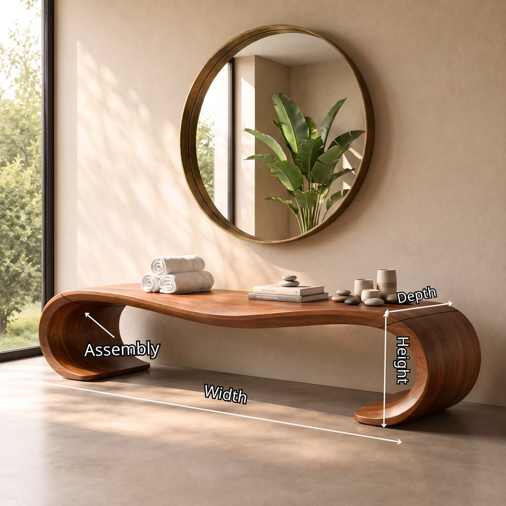 Sculptural Solid Wood Entryway Bench with Waterfall Loop Base