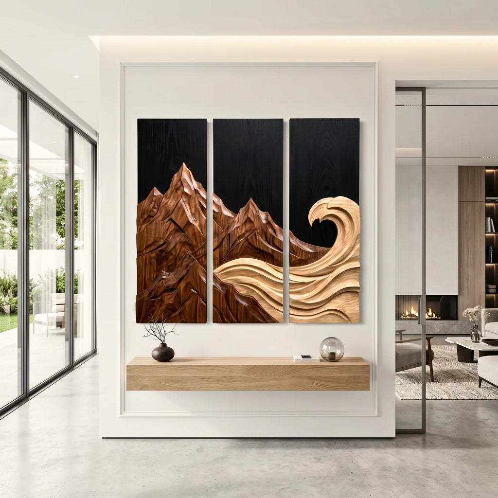 Mountain Wave Triptych Solid Wood Wall Sculpture – Three-Panel Nature-Inspired Wall Art