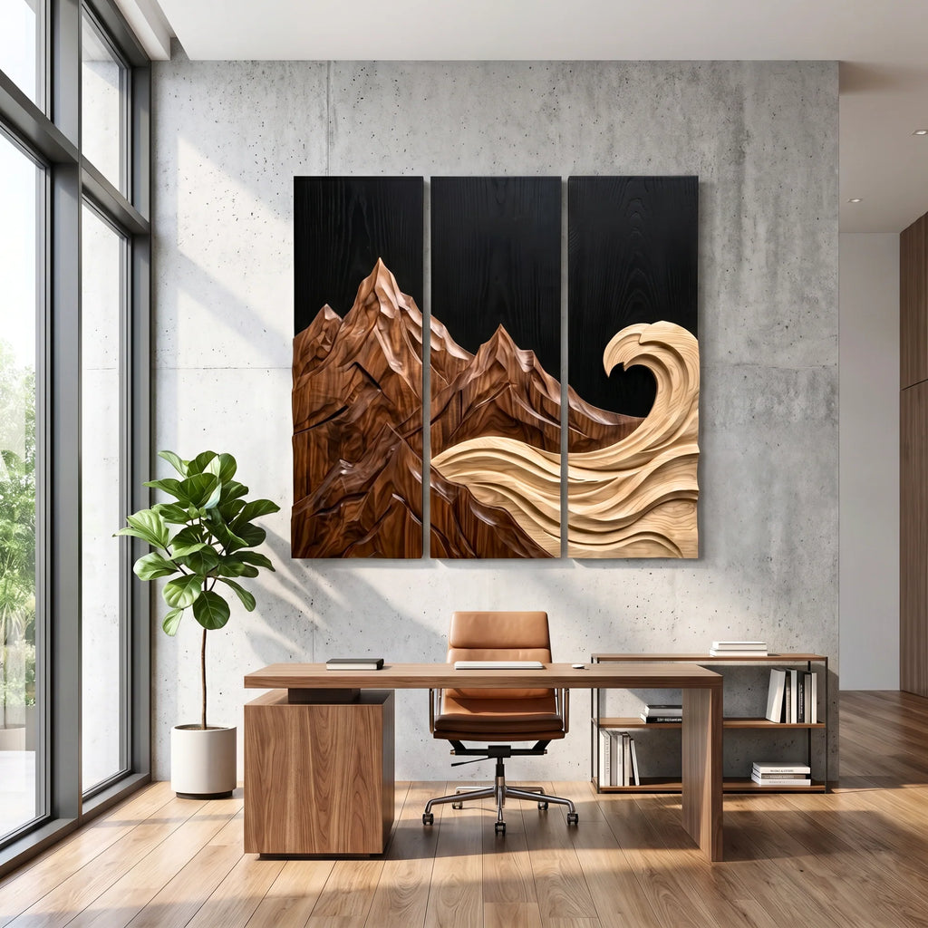Mountain Wave Triptych Solid Wood Wall Sculpture – Three-Panel Nature-Inspired Wall Art