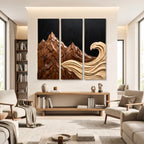 Mountain Wave Triptych Solid Wood Wall Sculpture – Three-Panel Nature-Inspired Wall Art