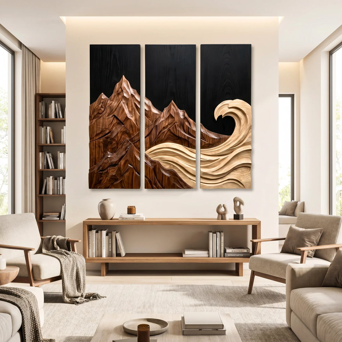 Mountain Wave Triptych Solid Wood Wall Sculpture – Three-Panel Nature-Inspired Wall Art
