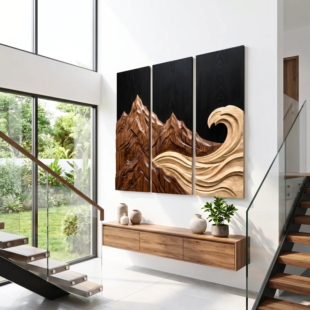 Mountain Wave Triptych Solid Wood Wall Sculpture – Three-Panel Nature-Inspired Wall Art