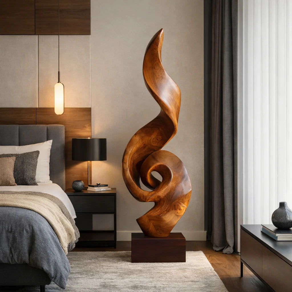 Tall Solid Wood Spiral Flame Sculpture with Plinth – Modern Decorative Accent for Contemporary Interiors