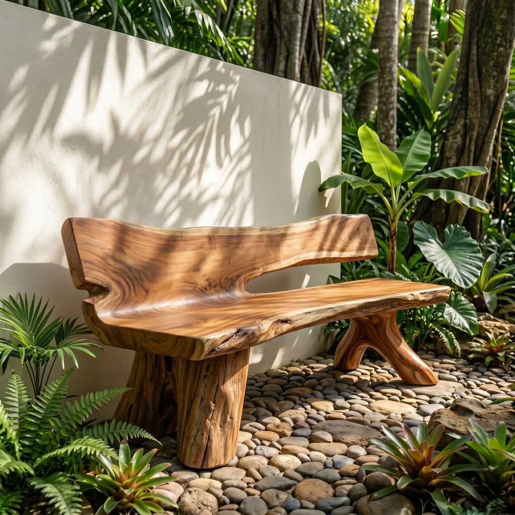 Live Edge Solid Wood Garden Bench with Natural Edge Backrest