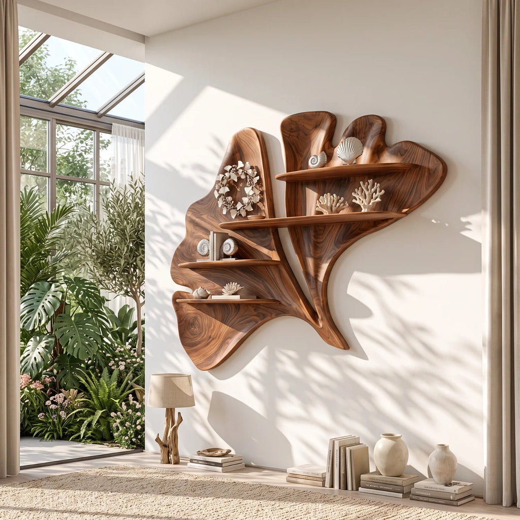 Flowing Leaf Sculptural Solid Wood Wall Shelf