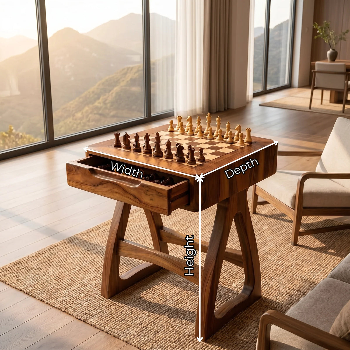 Sculptural Solid Wood Chess Table with Storage Drawer