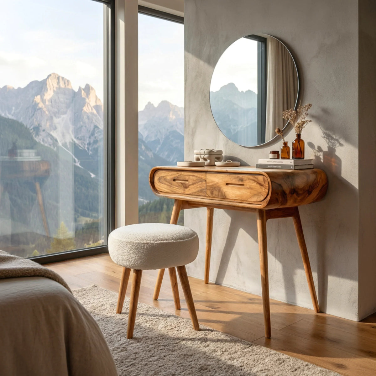 Mid-Century Modern Curved Wood Vanity Table with Storage Drawers