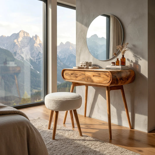 Mid-Century Modern Curved Wood Vanity Table with Storage Drawers