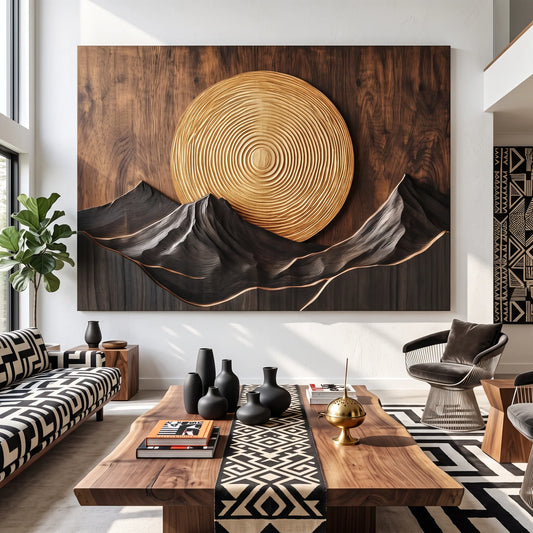 Mountain Sunset Wall Sculpture with Golden Sun and Layered Peaks