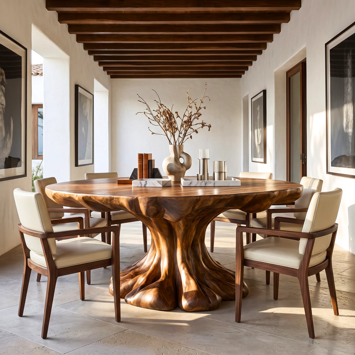 Organic Solid Wood Dining Table with Sculptural Flowing Pedestal Base