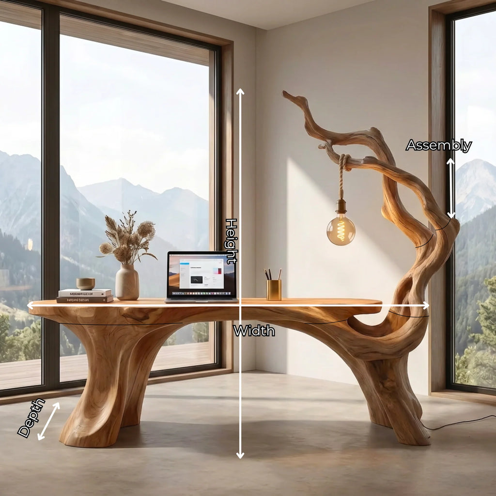Sculptural Solid Wood Desk with Integrated Hanging Lamp – Artistic Modern Workspace Furniture
