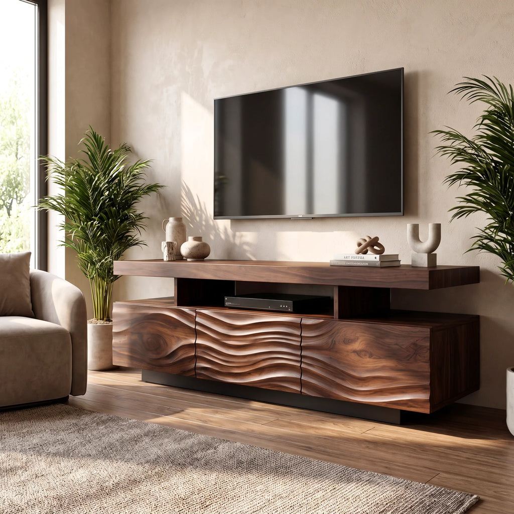 Solid Wood TV Console with Floating Top and Sculpted Wave-Front Cabinet
