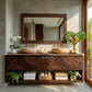 Solid Wood Double Bathroom Vanity Cabinet with Carved Wave Front and Open Storage Shelf