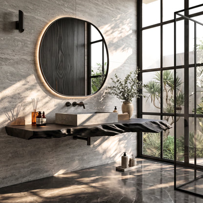 Solid Wood Floating Bathroom Vanity Shelf with Sculptural Live Edge – Modern Organic Wall Shelf