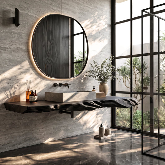 Solid Wood Floating Bathroom Vanity Shelf with Sculptural Live Edge – Modern Organic Wall Shelf
