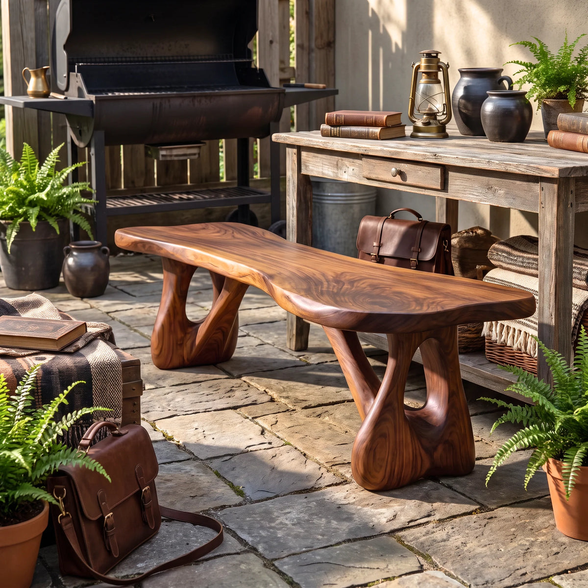 Sculptural Solid Wood Bench with Branch-Inspired Base and Flowing Live Edge Seat