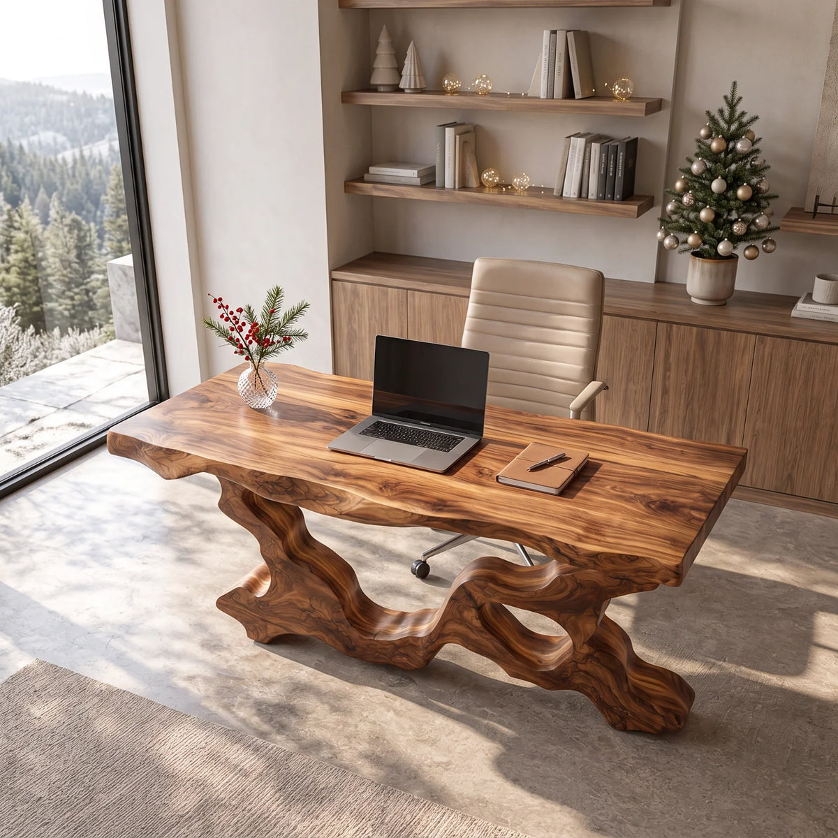 Live Edge Solid Wood Executive Desk with Sculptural Root-Style Frame – Luxury Office Furniture