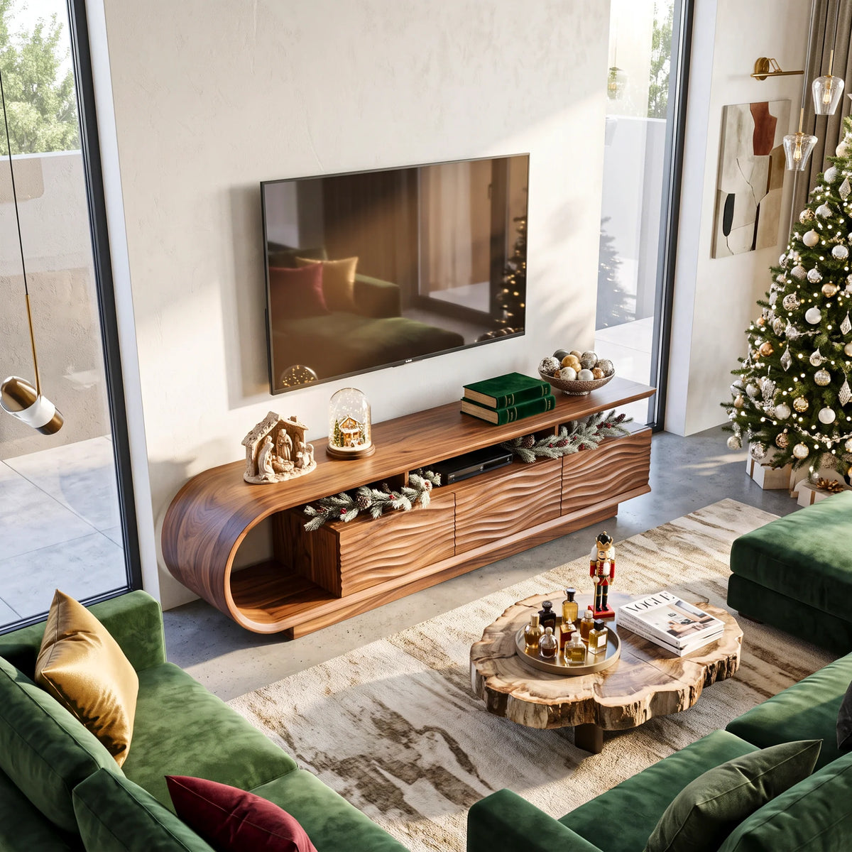 Waterfall Curve Solid Wood TV Stand with Sculpted Wave-Front Storage