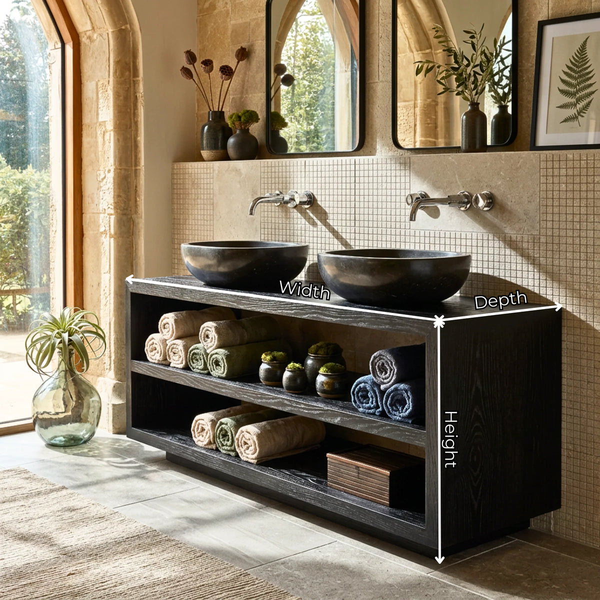 Solid Wood Double Bathroom Vanity with Open Shelf Storage – Modern Wooden Vanity Cabinet