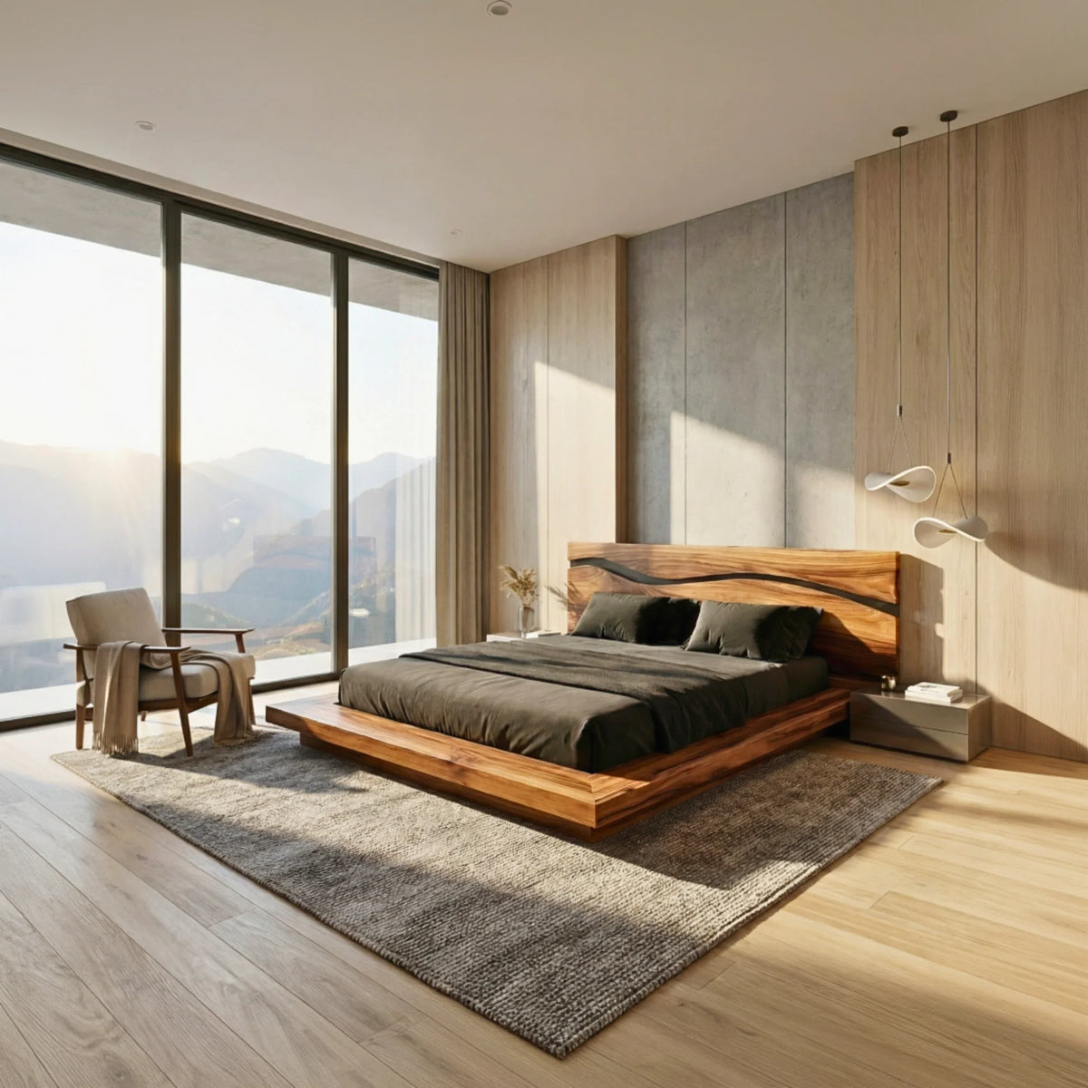 Solid Wood Platform Bed with Sculpted Wave Headboard – Modern Bed Frame for Contemporary Bedrooms
