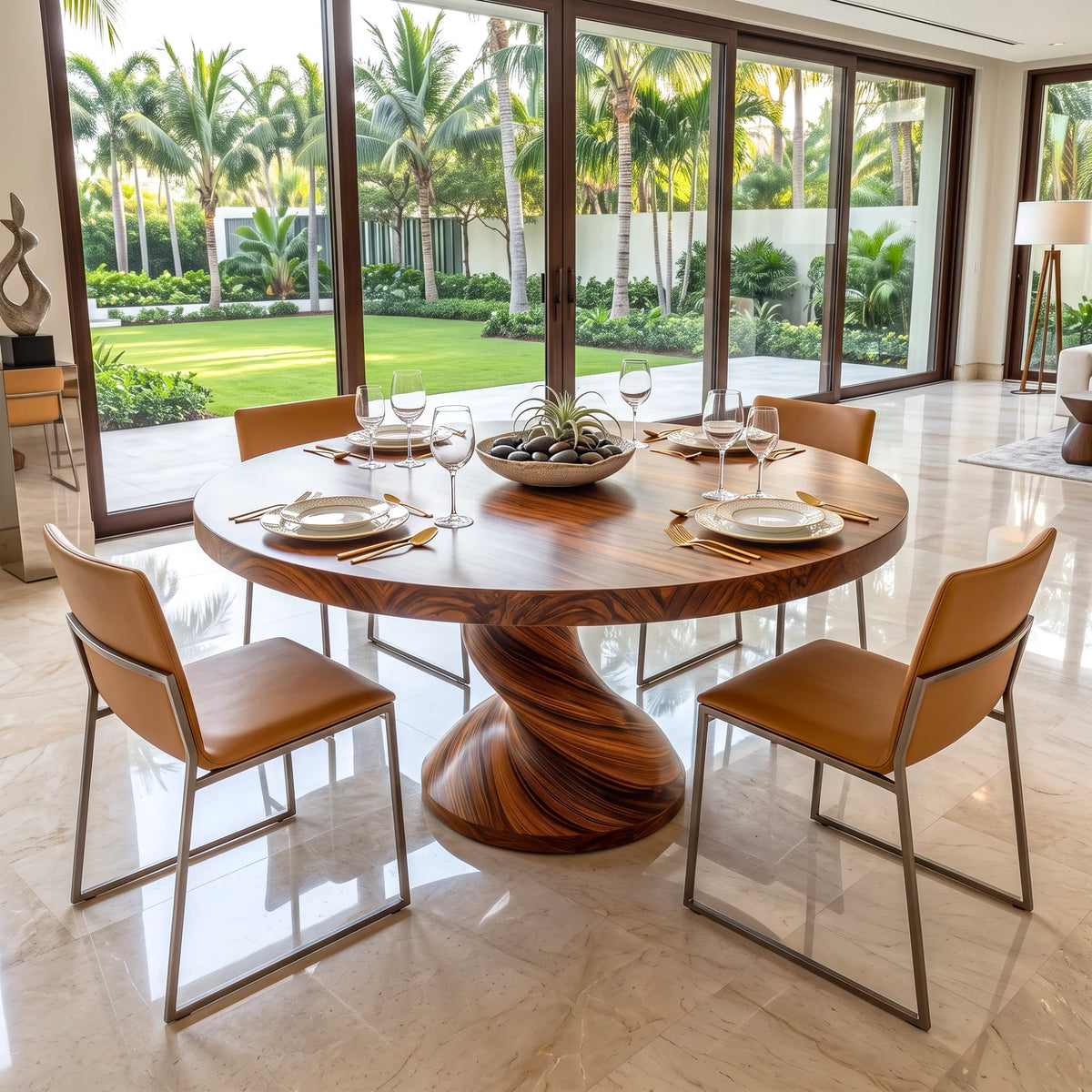 Round Solid Wood Dining Table with Sculptural Twisted Pedestal Base