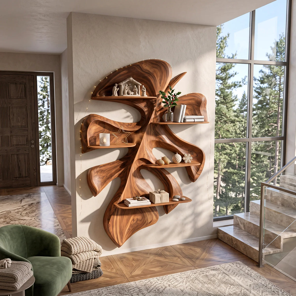 Tropical Leaf Sculptural Solid Wood Floating Shelf