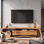 Sculptural Solid Wood TV Stand with S-Curve Frame and Wave-Grain Cabinet