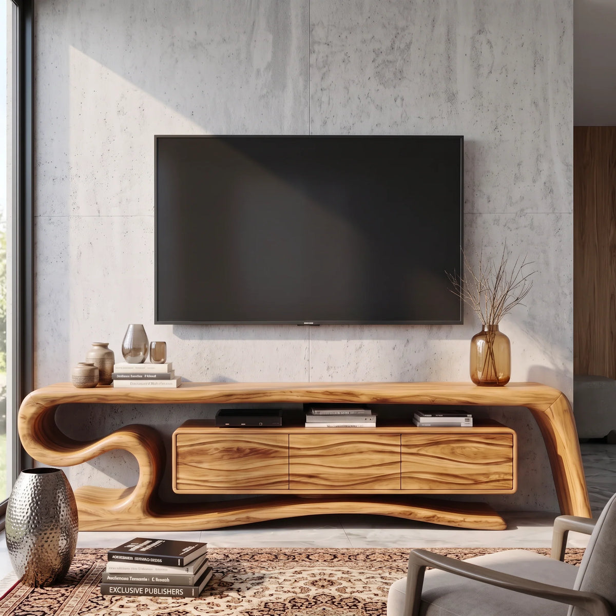 Sculptural Solid Wood TV Stand with S-Curve Frame and Wave-Grain Cabinet