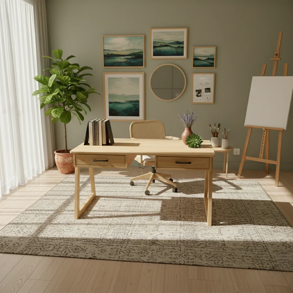 Mid-Century Solid Wood Writing Desk with Drawers