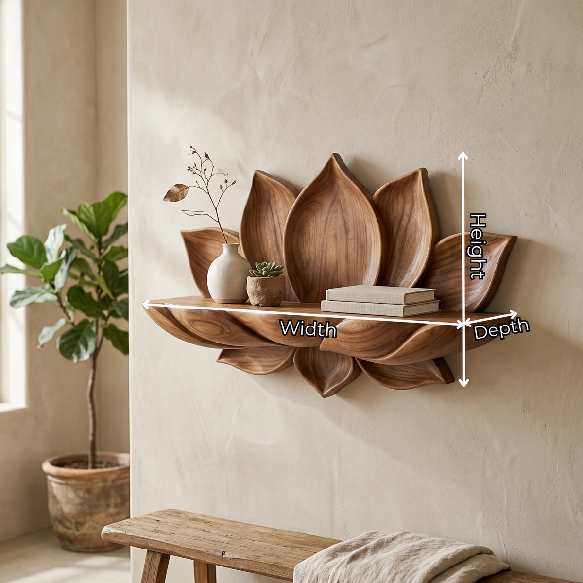 Handcrafted Lotus Petal Solid Wood Wall Shelf